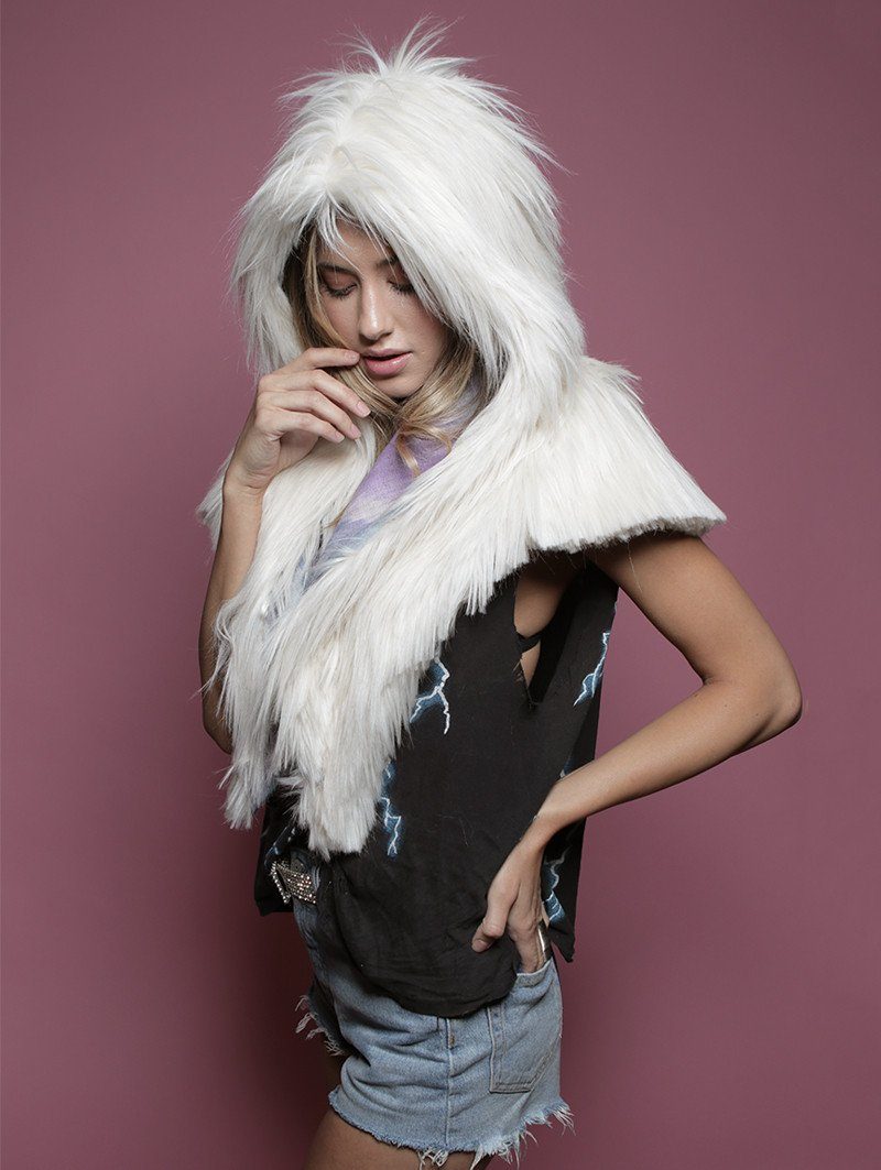 Woman wearing faux fur Limited Edition Arctic Owl Shawl SpiritHood, side view 1