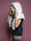 Woman wearing faux fur Limited Edition Arctic Owl Shawl SpiritHood, side view