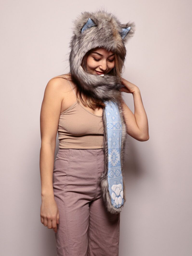 Woman wearing Faux Fur Collector Arctic Wolf SpiritHood