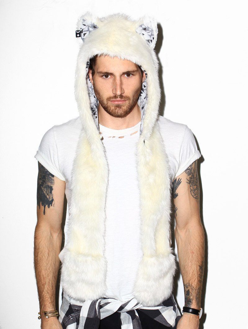 Man wearing faux fur Arctic Wolf SpiritHood, front view 6