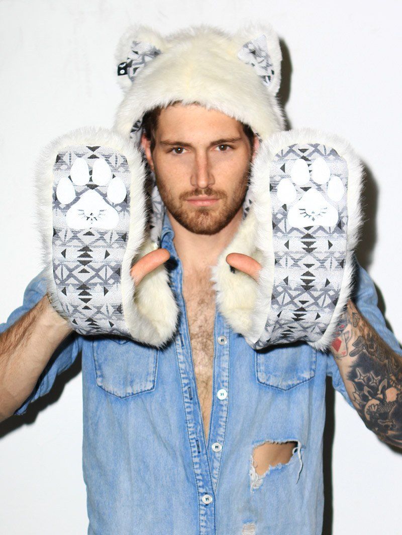 Man wearing faux fur Arctic Wolf SpiritHood, front view 2