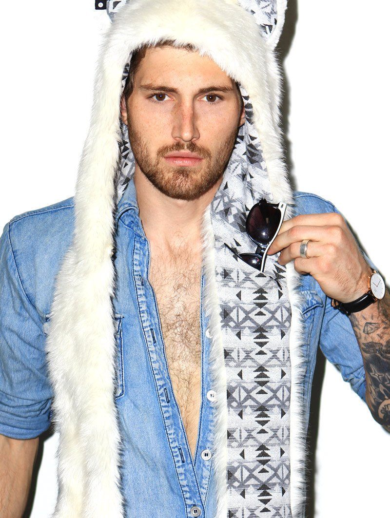 Man wearing faux fur Arctic Wolf SpiritHood, front view 4