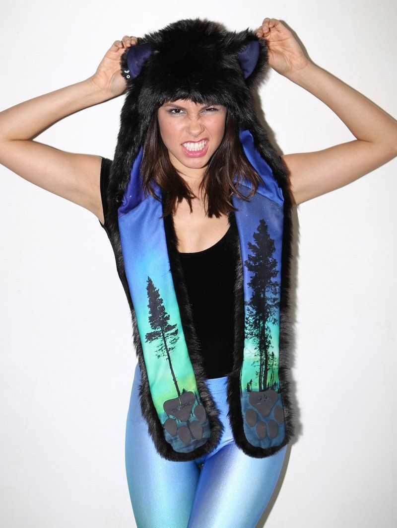 Woman wearing BlackMilk Aurora Kitty HB3 Faux Fur SpiritHood, front view 1