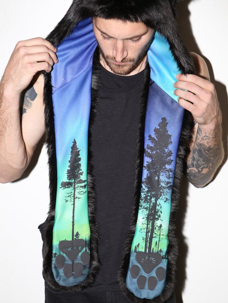 Man wearing faux fur BlackMilk Aurora Kitty HB3 SpiritHood, front view 2