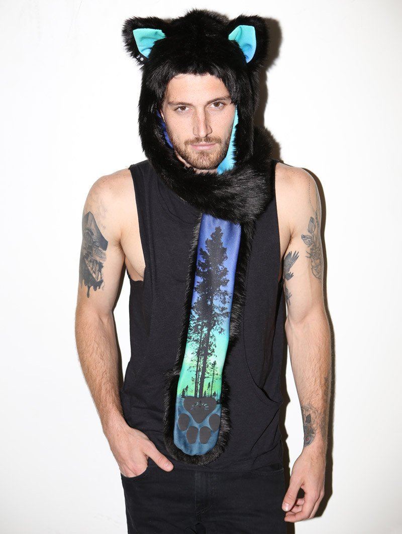 Man wearing faux fur BlackMilk Aurora Kitty HB3 SpiritHood, front view 3