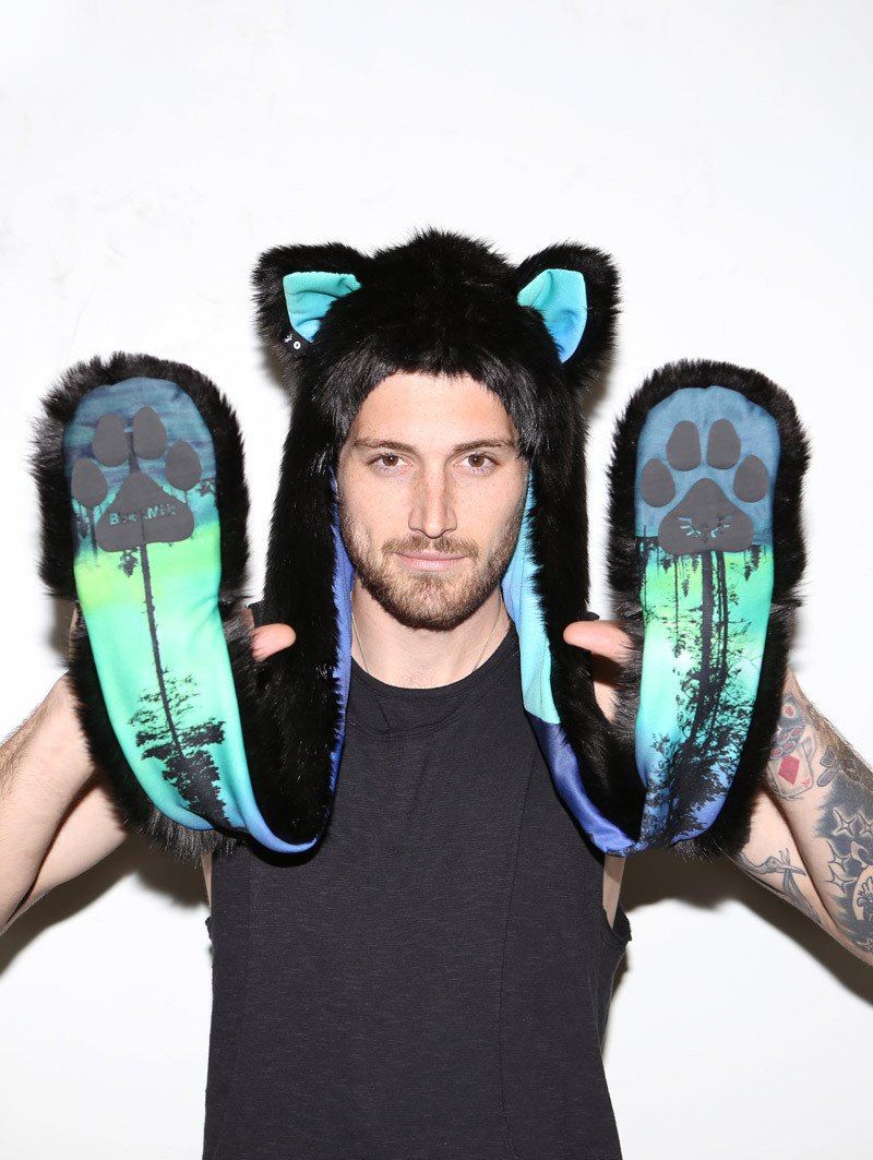 Man wearing faux fur BlackMilk Aurora Kitty HB3 SpiritHood, front view 4