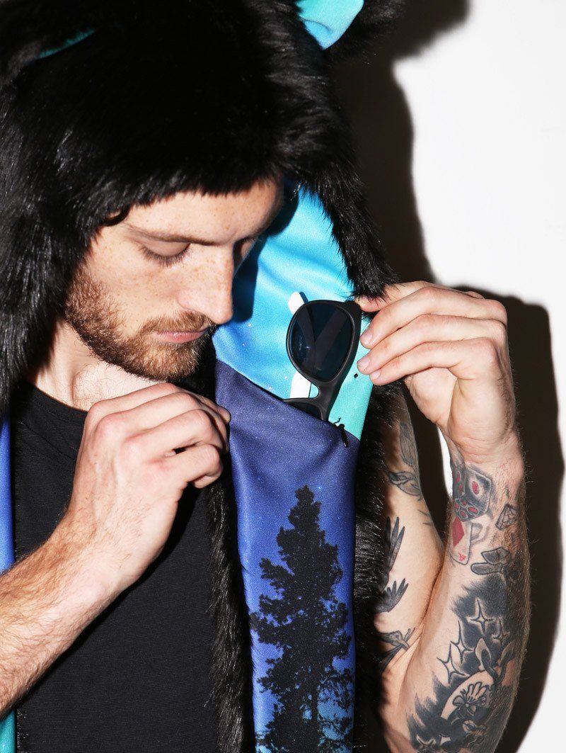 Man wearing faux fur BlackMilk Aurora Kitty HB3 SpiritHood, front view 5