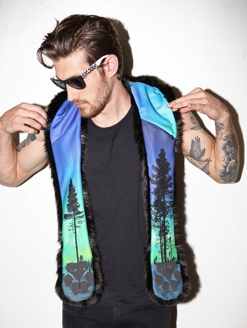 Man wearing faux fur BlackMilk Aurora Kitty HB3 SpiritHood, front view 6