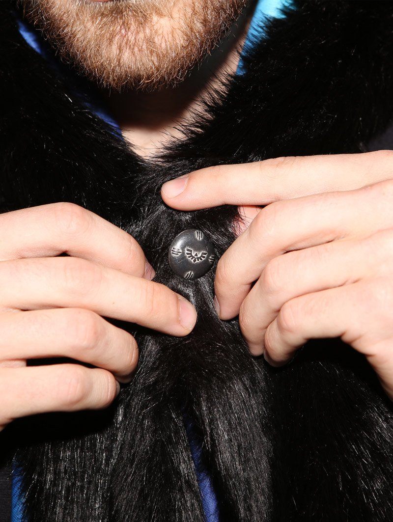 Man wearing faux fur BlackMilk Aurora Kitty HB3 SpiritHood, front view 7