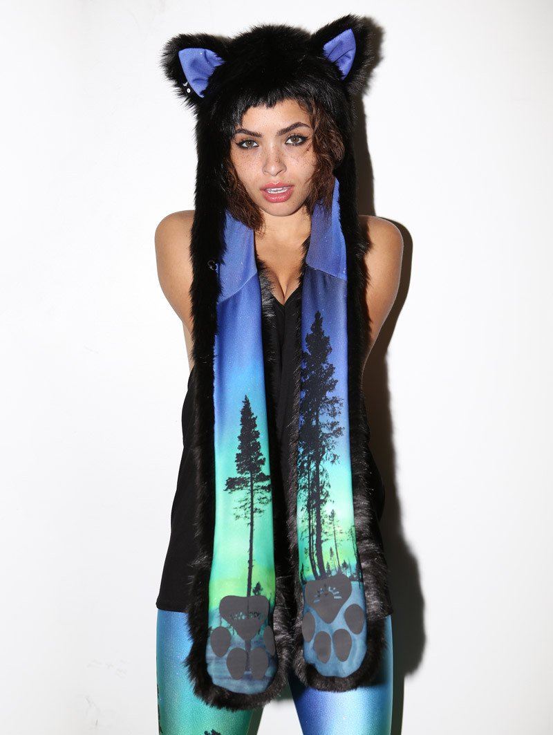 Woman wearing BlackMilk Aurora Kitty HB3 Faux Fur SpiritHood, front view 2