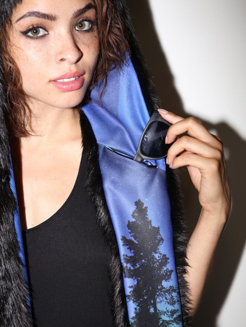 Woman wearing BlackMilk Aurora Kitty HB3 Faux Fur SpiritHood, side view 1