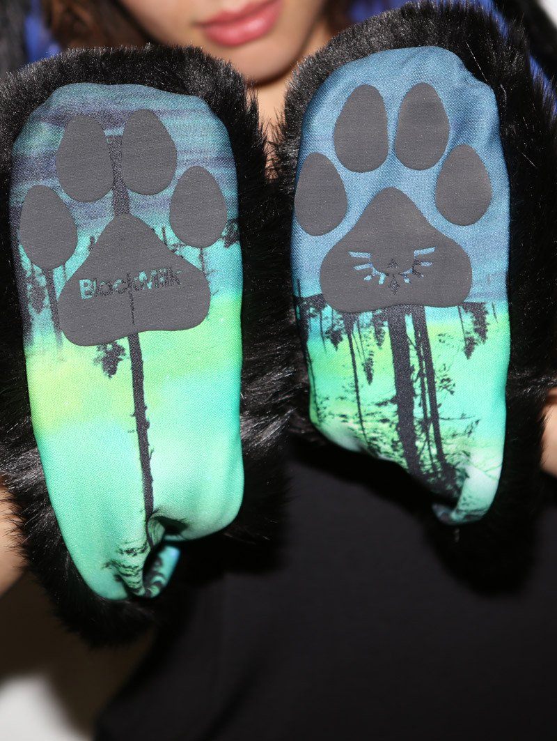 Woman wearing The BlackMilk Aurora Kitty Faux Fur SpiritHood, front view 3