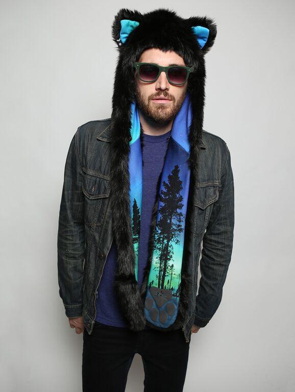 Man wearing The BlackMilk Aurora Kitty faux fur SpiritHood, front view 4