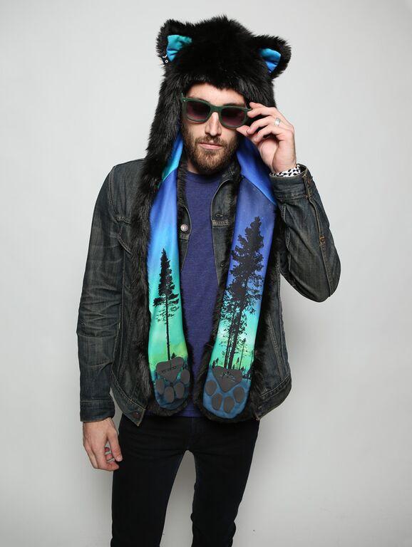 Man wearing The BlackMilk Aurora Kitty faux fur SpiritHood, front view 1