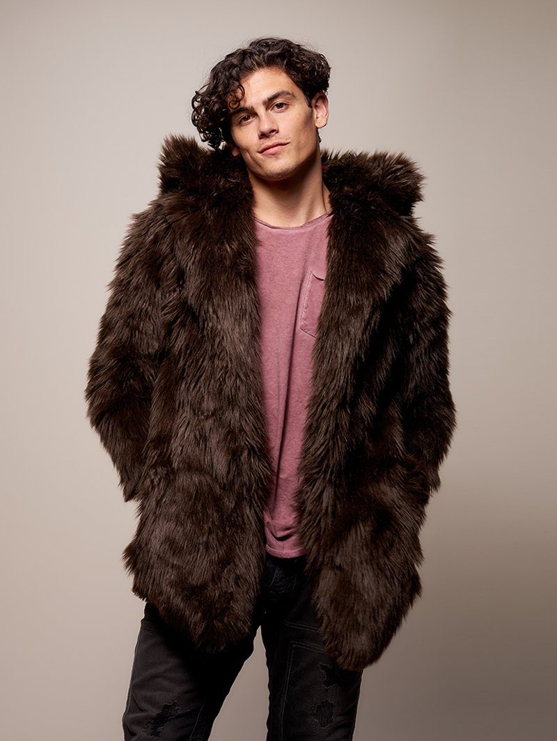 Man wearing Limited Edition Brown Bear Faux Fur Coat, front view