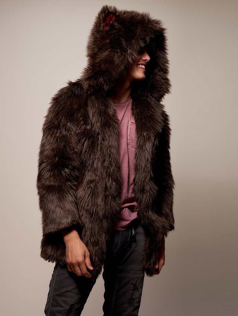 Man wearing Limited Edition Brown Bear Faux Fur Coat