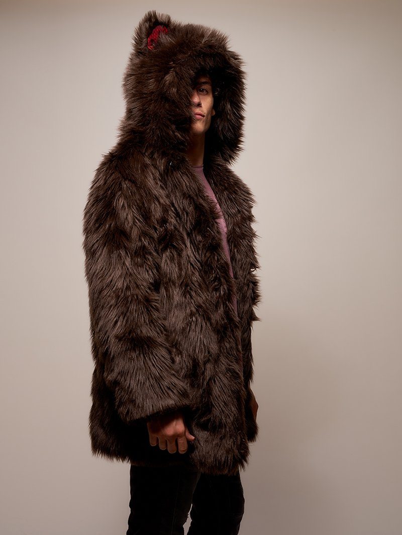 Man wearing Limited Edition Brown Bear Faux Fur Coat, side view 2