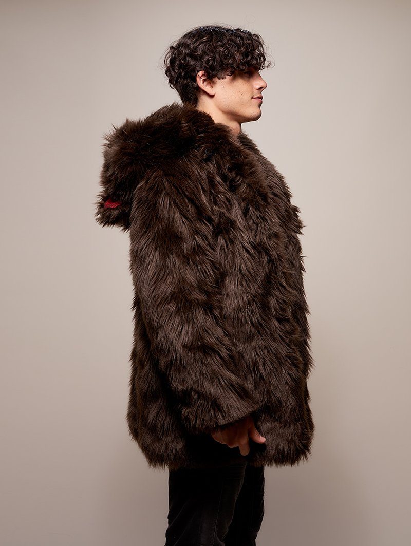 Man wearing Limited Edition Brown Bear Faux Fur Coat, side view 3