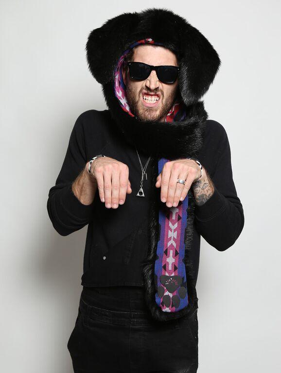 Man wearing faux fur Black Bunny Collectors Edition SpiritHood, front view 4