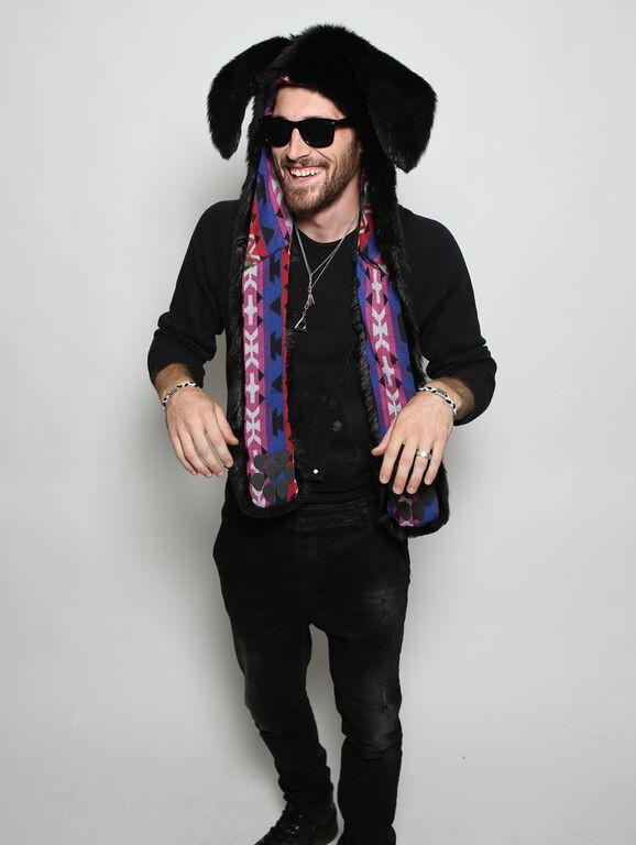Man wearing faux fur Black Bunny Collectors Edition SpiritHood, front view 6