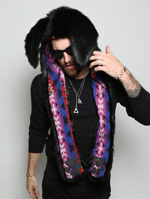Man wearing faux fur Black Bunny Collectors Edition SpiritHood, front view 1