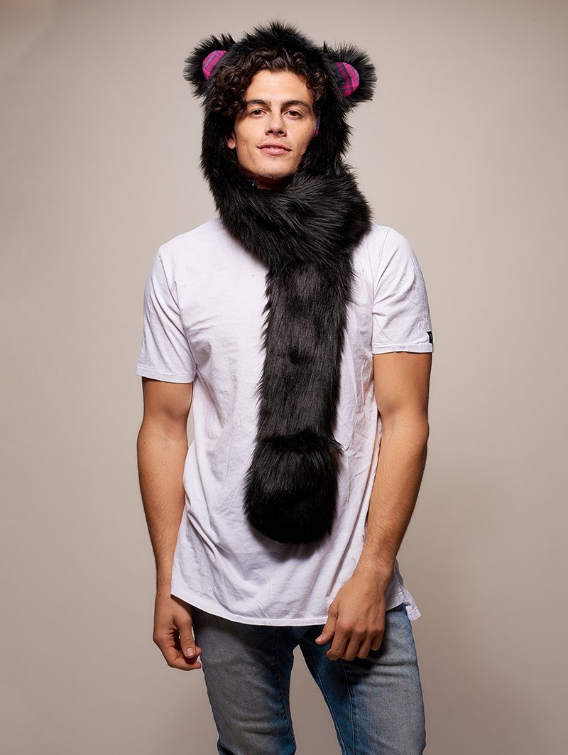 Man wearing faux fur Limited Edition Black Bear SpiritHood, front view 2