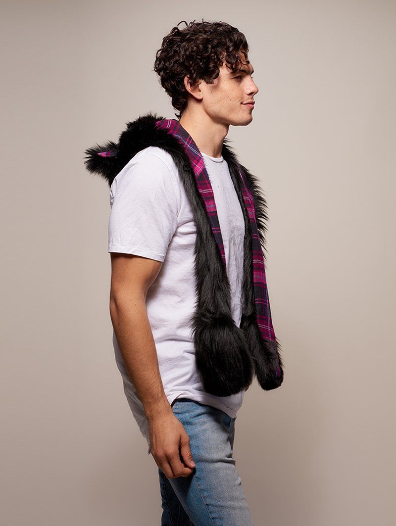 Man wearing faux fur Limited Edition Black Bear SpiritHood, side view