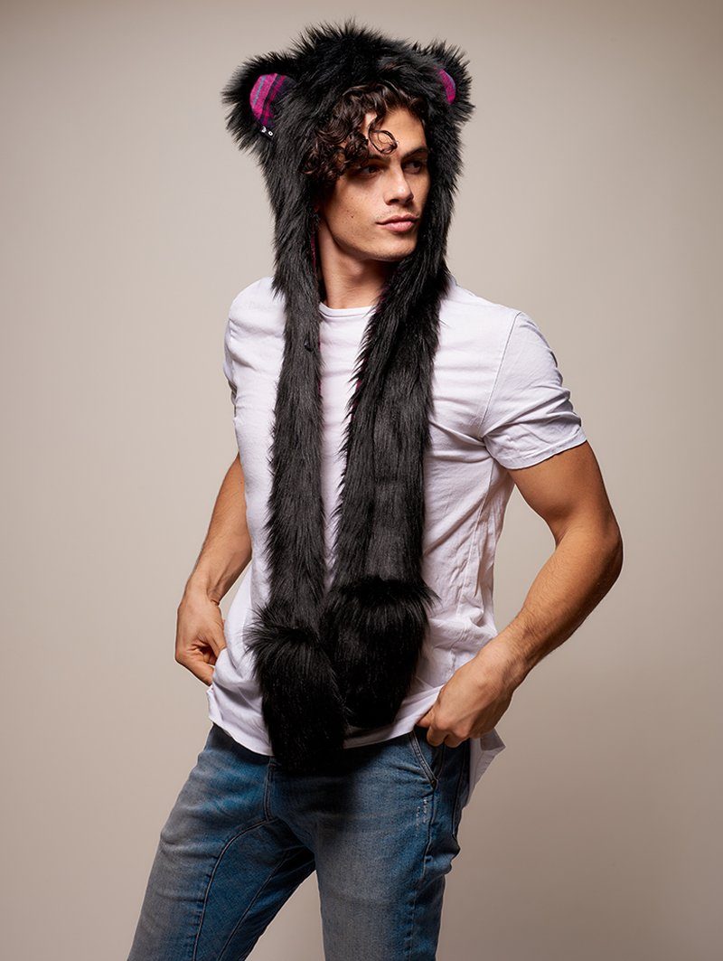 Man wearing faux fur Limited Edition Black Bear SpiritHood, side view 1