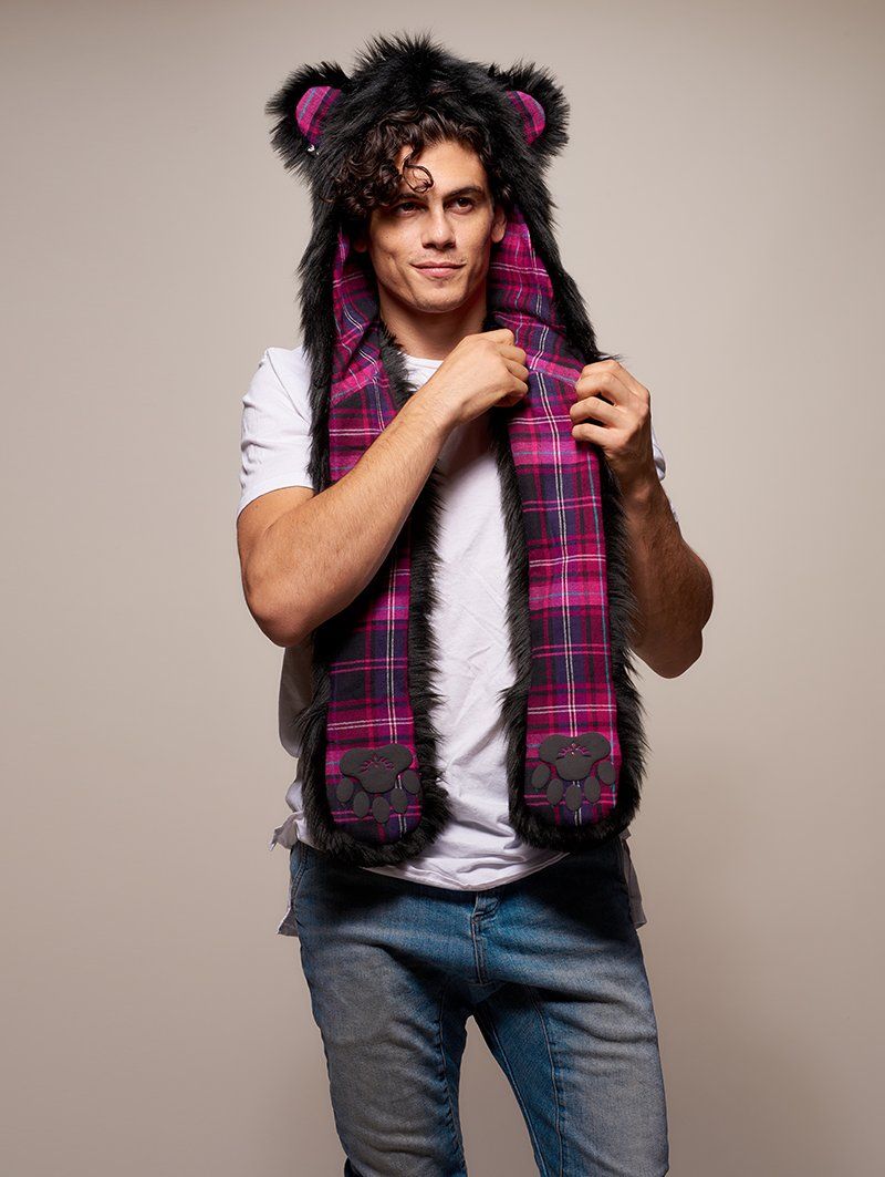 Man wearing faux fur Limited Edition Black Bear SpiritHood, front view 3