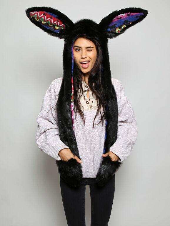 Woman wearing Faux Fur Black Bunny Collectors Edition SpiritHoods, front view 2