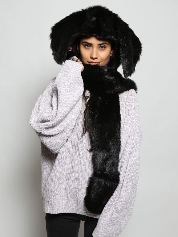 Woman wearing Faux Fur Black Bunny Collectors Edition SpiritHoods, front view