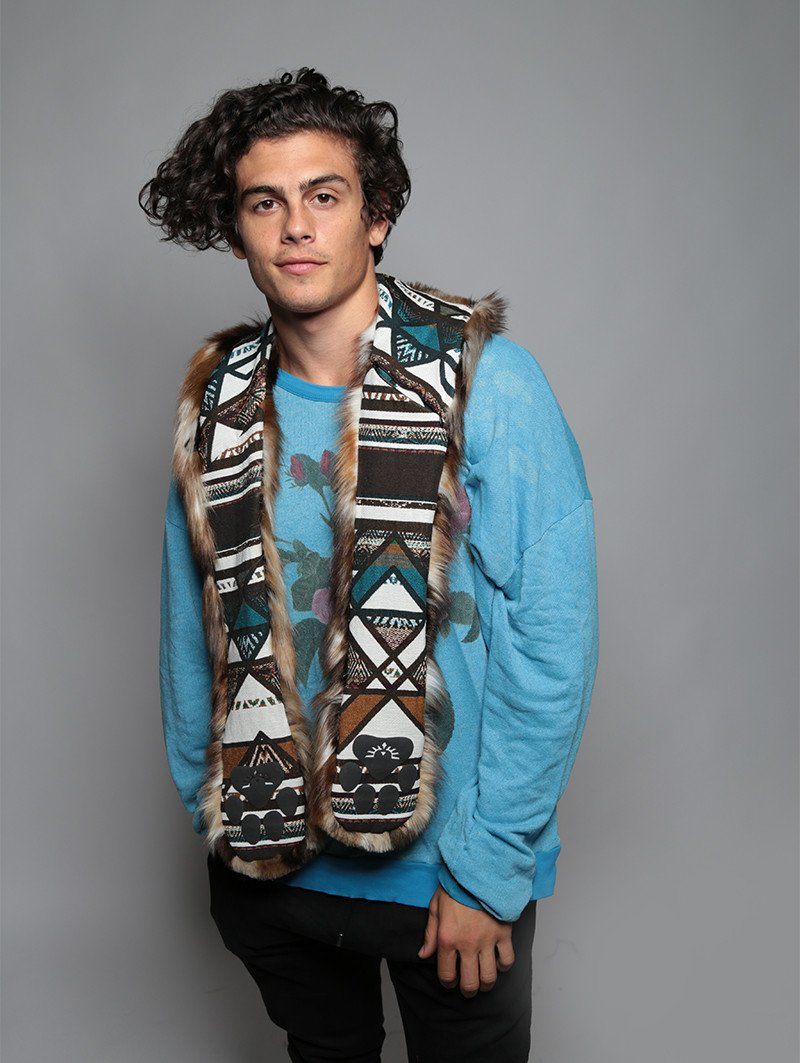 Man wearing faux fur Brown Rabbit Collector SpiritHood, front view 2