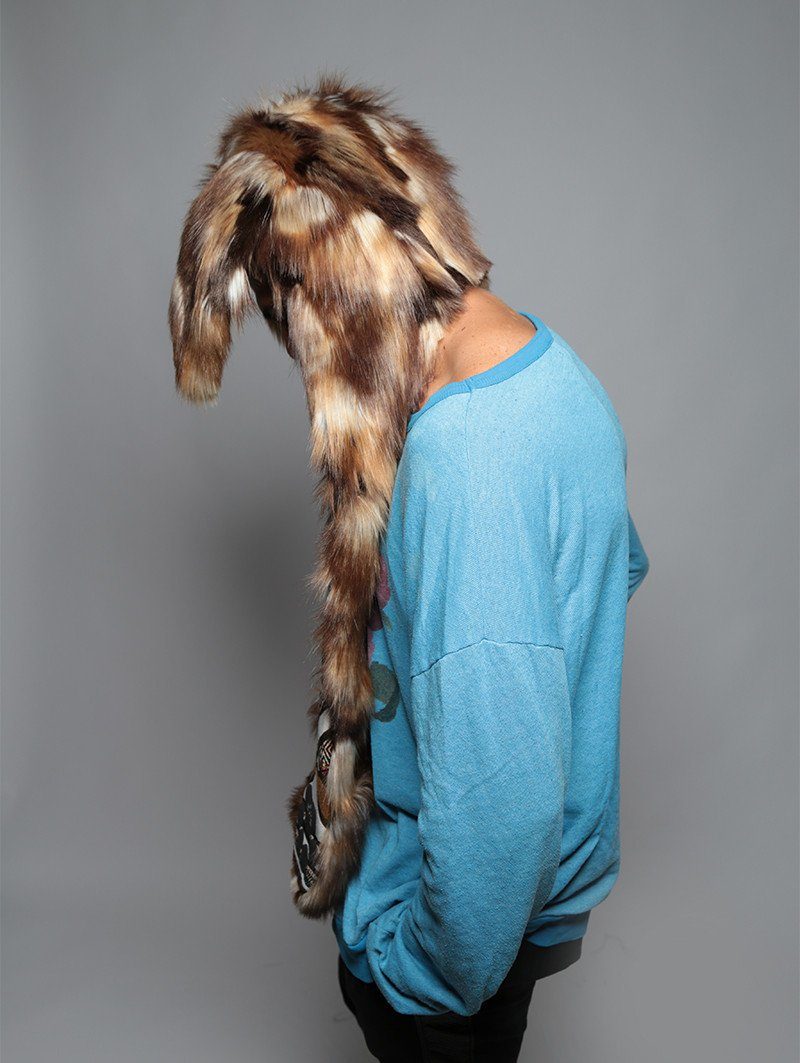 Man wearing faux fur Brown Rabbit Collector SpiritHood, side view 2