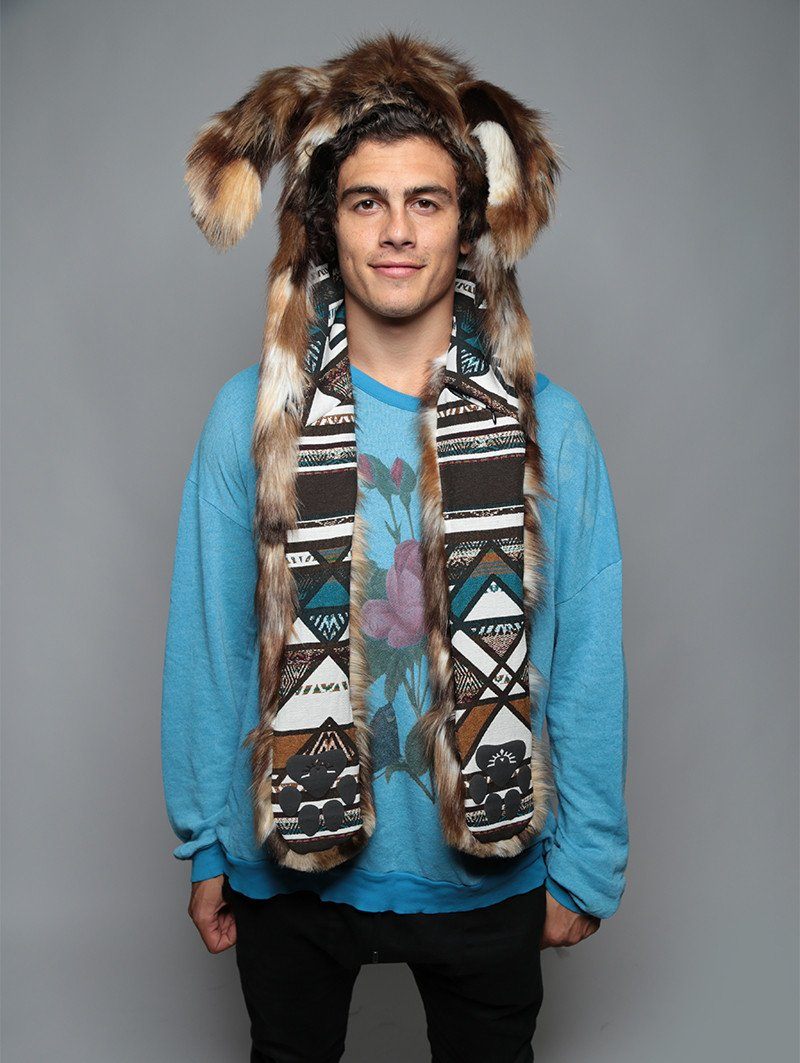 Man wearing faux fur Brown Rabbit Collector SpiritHood, front view 1