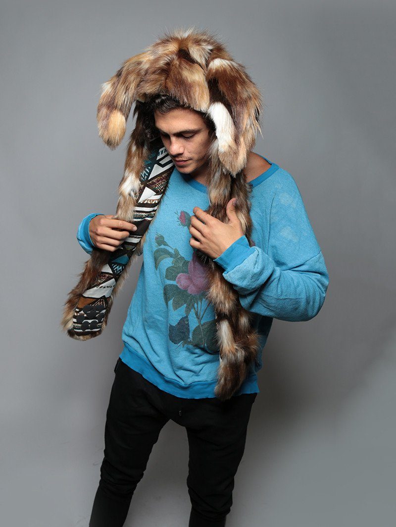 Man wearing faux fur Brown Rabbit Collector SpiritHood, side view 3
