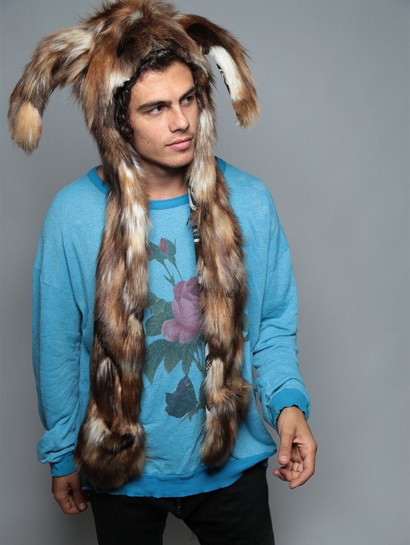 Man wearing faux fur Brown Rabbit Collector SpiritHood, side view 4