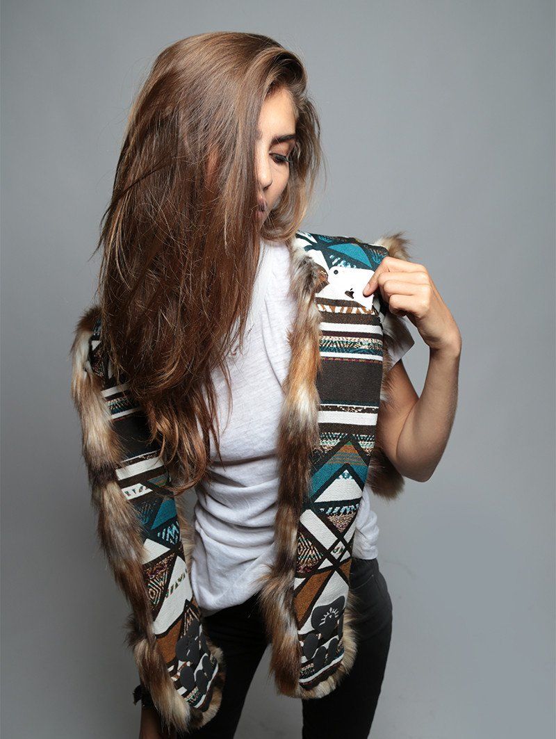 Woman wearing Faux Fur Brown Rabbit Collector SpiritHood, front view 1