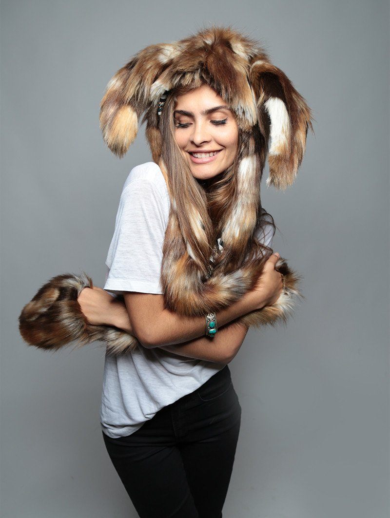 Woman wearing Faux Fur Brown Rabbit Collector SpiritHood, front view 2