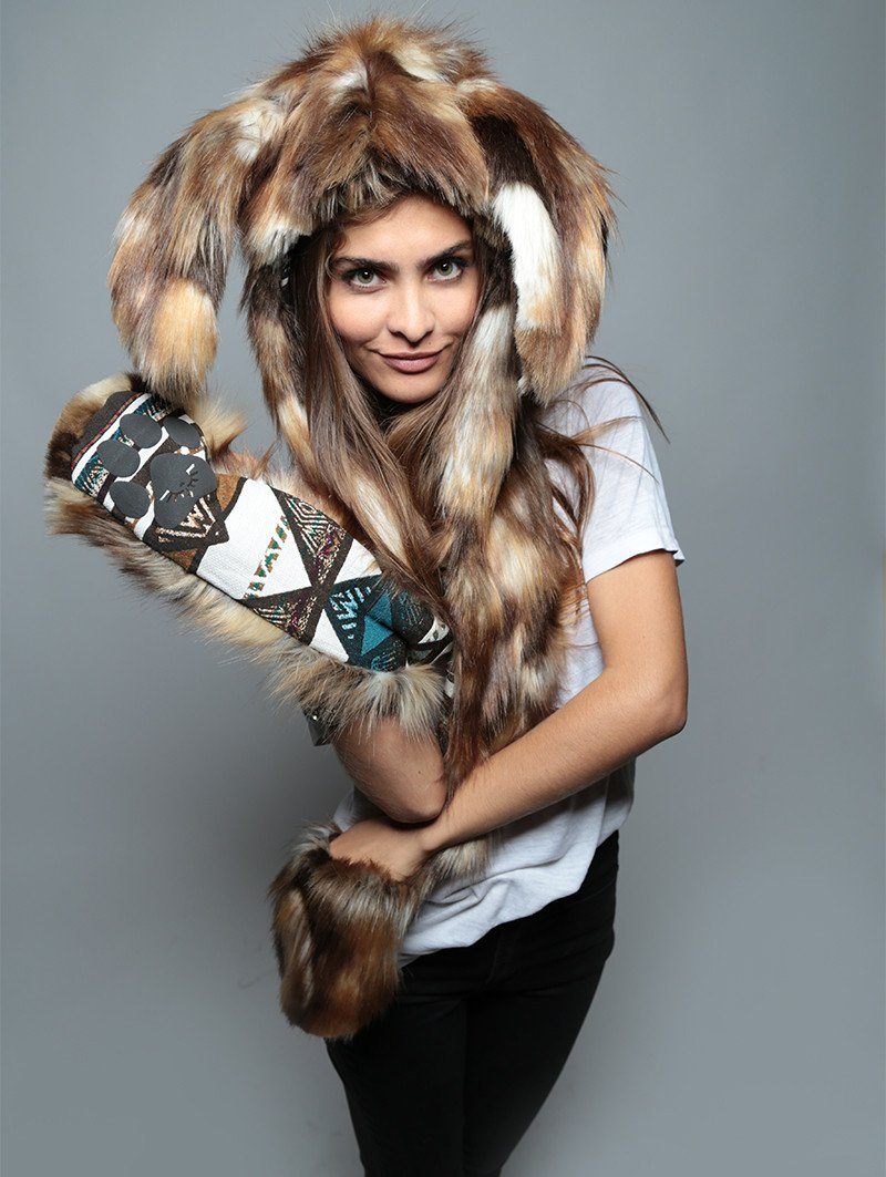 Woman wearing Faux Fur Brown Rabbit Collector SpiritHood, front view