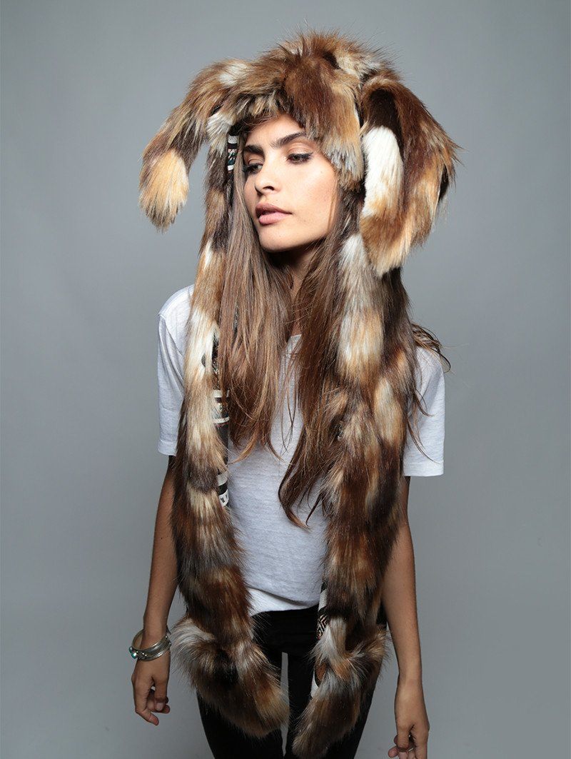 Woman wearing Faux Fur Brown Rabbit Collector SpiritHood, front view 3