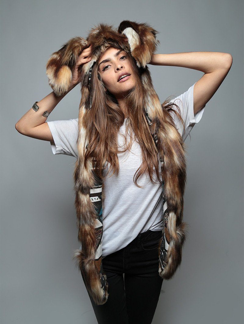 Woman wearing Faux Fur Brown Rabbit Collector SpiritHood, front view 4