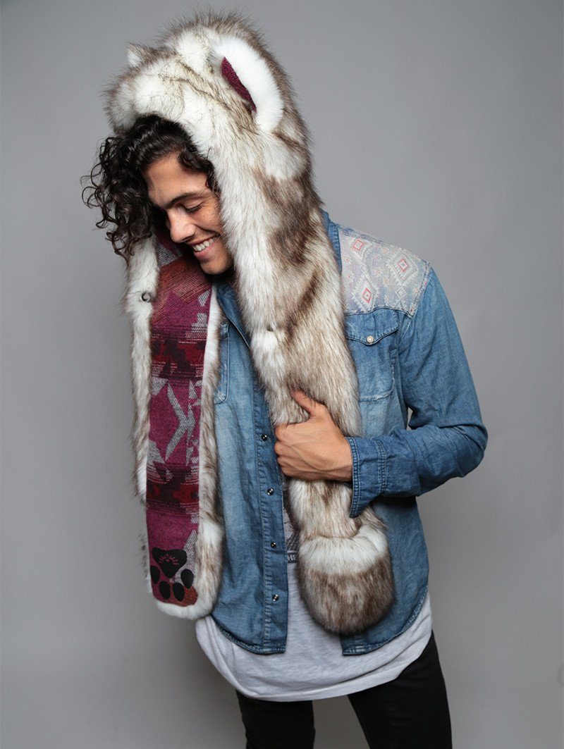Man wearing faux fur Brown Husky SpiritHood, front view 1