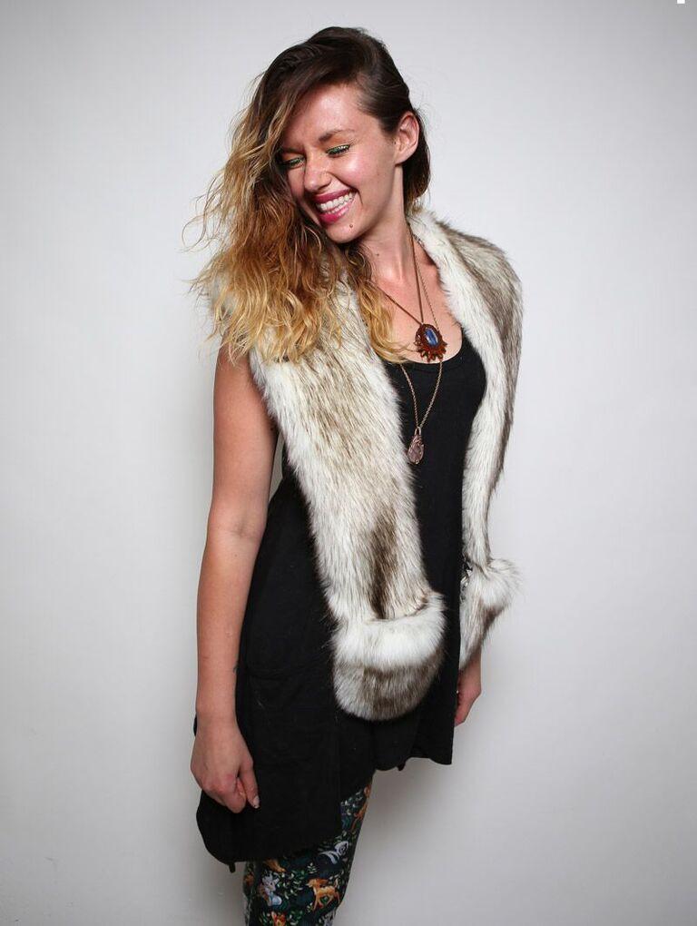 Woman wearing faux fur Brown Husky 2.0 SpiritHood