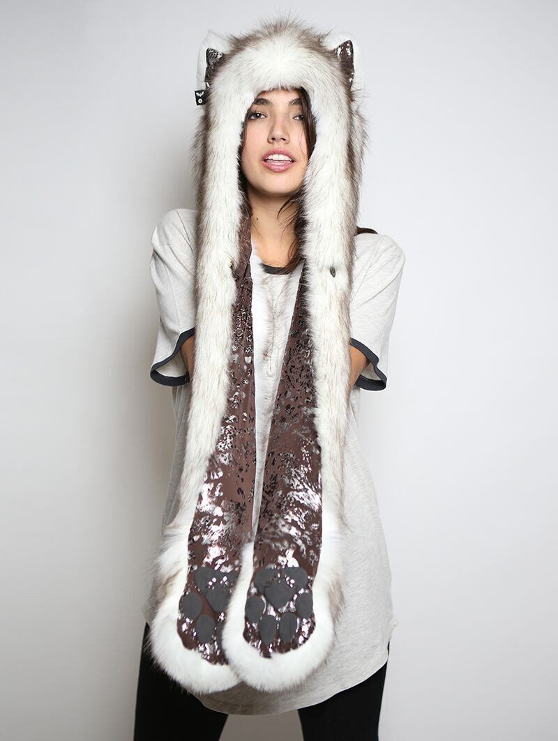 Woman wearing faux fur Brown Husky Snakeskin SpiritHood, front view 2
