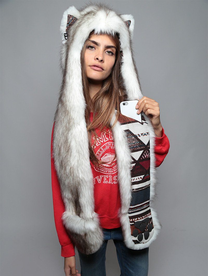 Woman wearing Faux Fur Brown Husky Collector SpiritHood, front view 2
