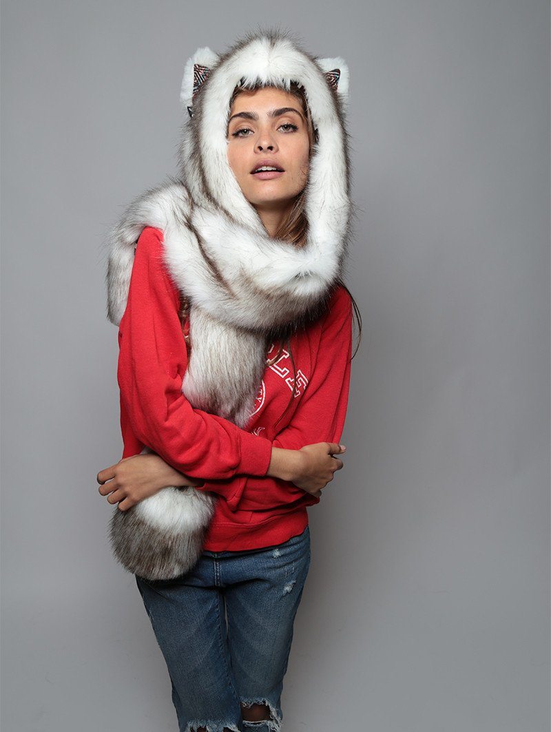Woman wearing Faux Fur Brown Husky Collector SpiritHood, front view 1