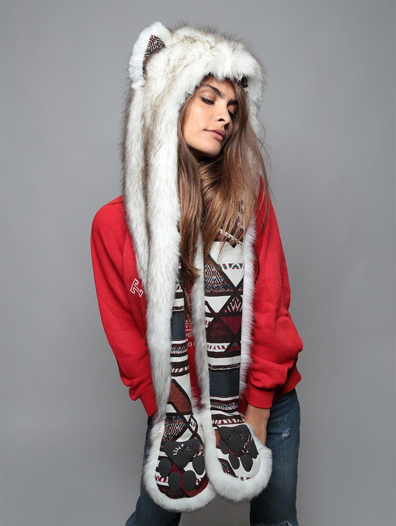 Woman wearing Faux Fur Brown Husky Collector SpiritHood, side view
