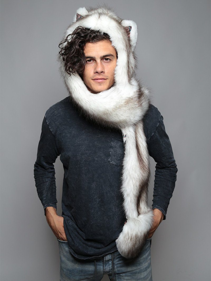 Man wearing faux fur Brown Husky Collector SpiritHood, front view 2