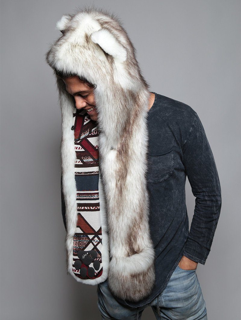 Man wearing faux fur Brown Husky Collector SpiritHood, side view 1