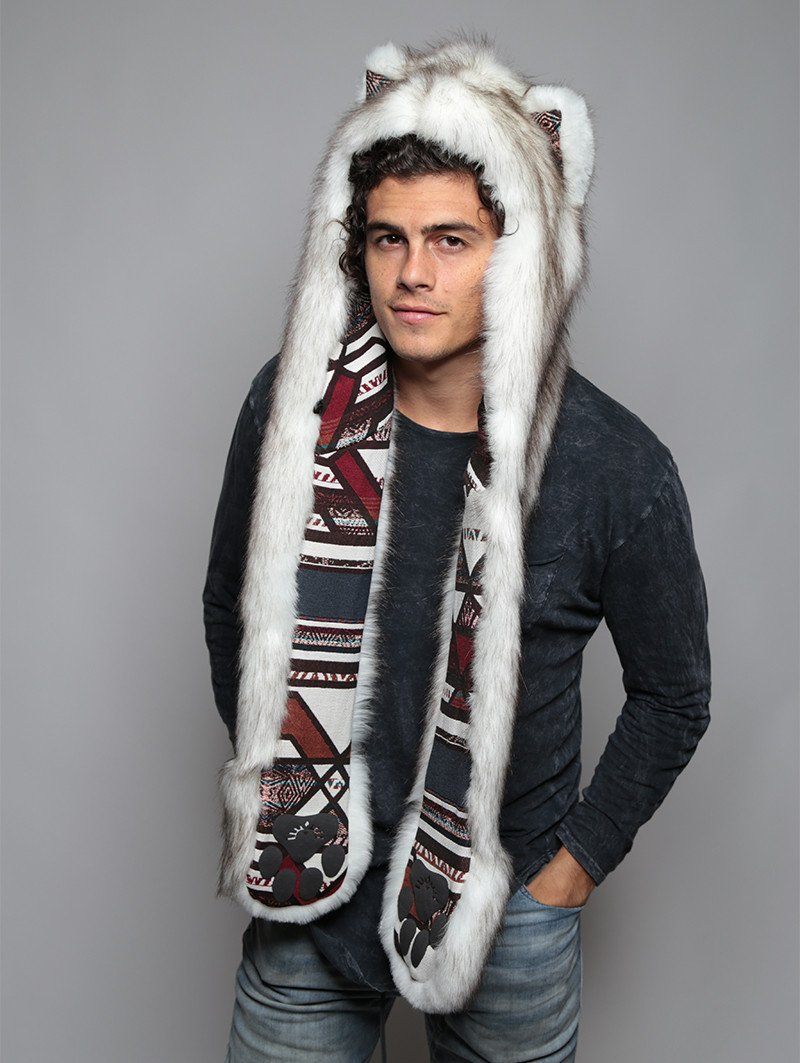 Man wearing faux fur Brown Husky Collector SpiritHood, front view 1